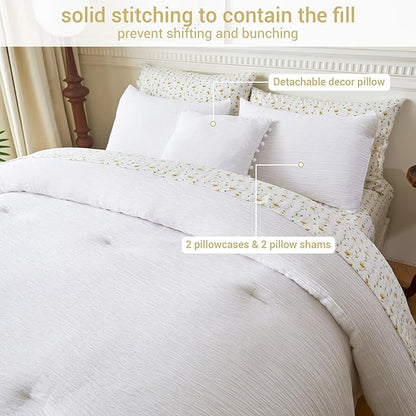 8 Piece Woven Texture White King Size Comforter Set, Bed in A Bag Bedding King with Comforter and Sheets, Soft Lightweight Comforter Set with Deocor Throw Pillow, White - LeafyLoom