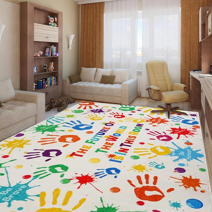 Colorful Kids Rug, Washable Rug for Kids, Handprints Area Rugs for Kids Bedroom, Non-Slip Play Mat Ultra Soft Thick Indoor Plush Rugs for Playroom Classroom Nursery Decor (9'2" X 6'7") - LeafyLoom