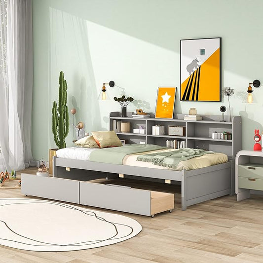 Twin Size Platform 2 Storage Drawers and Side Bookcase, Solid Wood Day Captain, Ideal Bed Frame for Bedroom, Living Room, Gray - LeafyLoom