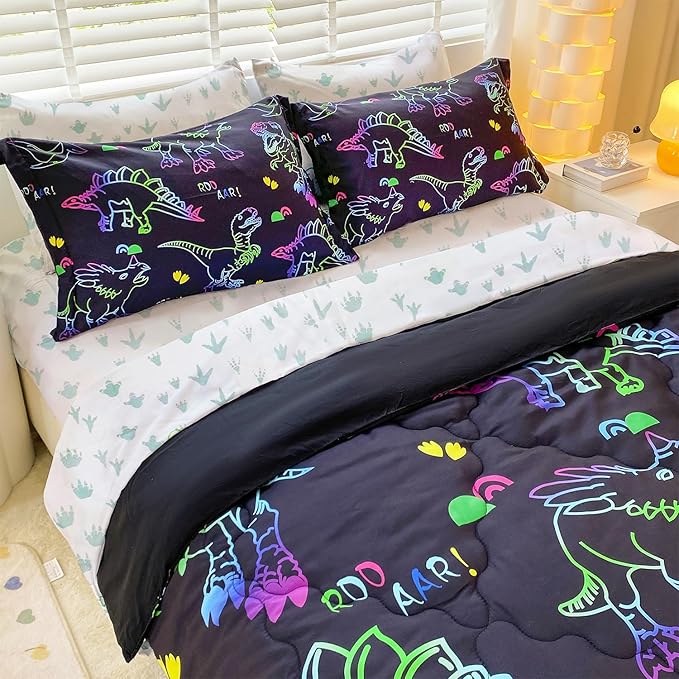 7 Piece Boys Dinosaur Comforter Bedding Set Bed in A Bag Full Size for Kid Girls Teens Dinosaurs Animal 3D Print Gradient Line Bedding Set with Comforter Sheet Set Pillowcase and Sham - LeafyLoom