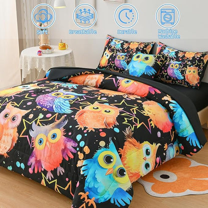 DORCAS Cute Owl Twin Comforter Boys Girls Bedding Sets Twin 6 Pieces Animal Bed-in-A-Bag Twin with Comforter,Sheets,Pillowcases for Kids - LeafyLoom