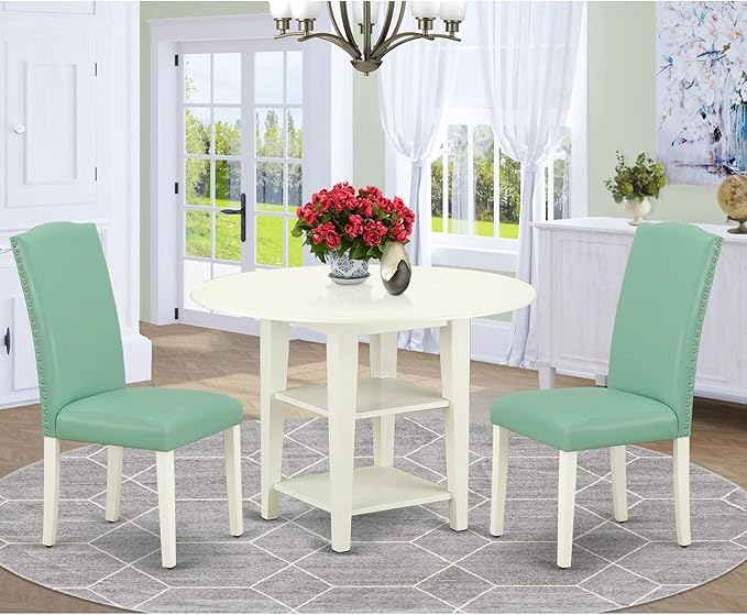 East West Furniture SUEN3-LWH-57 3 Piece Dining Set Contains a Round Dining Room Table with Dropleaf & Shelves and 2 Pond Faux Leather Upholstered Chairs, 42x42 Inch, Linen White - LeafyLoom