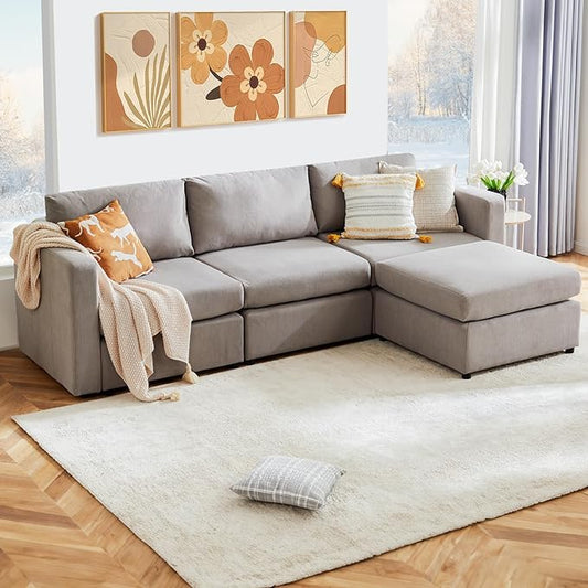 Sweetcrispy Convertible Modular Sectional Sofa, 4 Seat Sectional Couches for Living Room, L-Shaped Modern Fabric Modular Sofa Sleeper with Double Chaise for Home, Apartment, Dorm, Grey - LeafyLoom