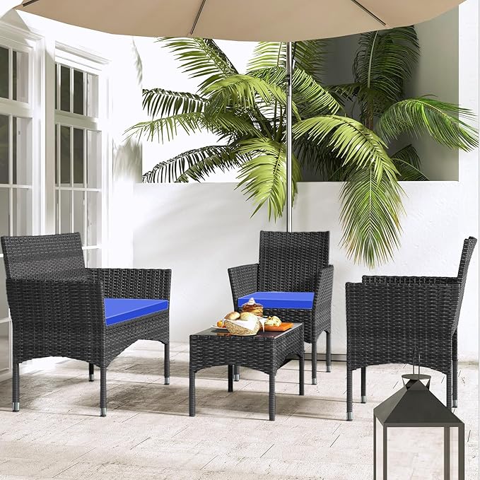 Patio Furniture, 4 Piece Conversation Set, Outdoor Wicker Rattan Table and Chairs, Sectional Sofa with Thick Cushion for Garden, Yard, or Porch, Dark Brown - LeafyLoom