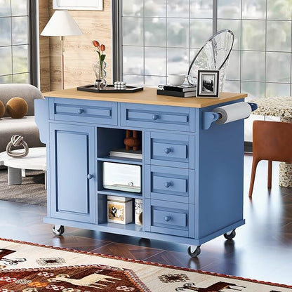 Island with Storage Cabinets, Rolling Mobile Kitchen-cart with Rubber Wood Desktop and 5 Drawers & Open Shelves, Sideboard for Dining Room, Home Bar, Blue, 52.8 Inch - LeafyLoom