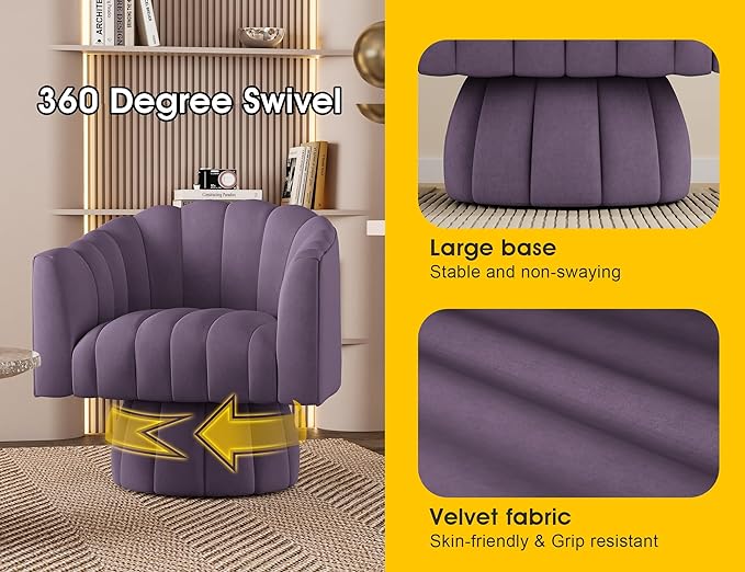 Accent Chair Mid Century 360 Degree Swivel Chair,Modern Lounge Sofa Round Barrel Chair with Wide Upholstered,Fluffy Velvet Fabric Chairs for Home Sofa Living Room/Bedroom/Waiting Room(Purple) - LeafyLoom