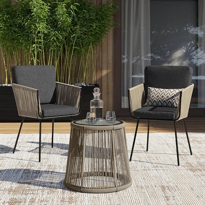 Barton 3 Pieces Wicker Chair Set w/Glass Table Gray Outdoor Patio Furniture Wicker Rattan Modern Conversation Chat Seating - LeafyLoom