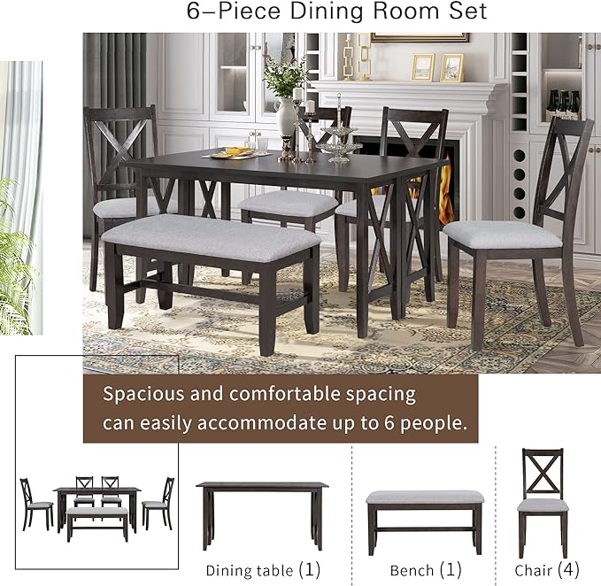 6-Piece Family Dining Set Solid Wood Space Saving Foldable Table and 4 Chairs with Bench, Easy to Assemble, for Living, Guest Room, Home Bar and Kitchen, Espresso - LeafyLoom