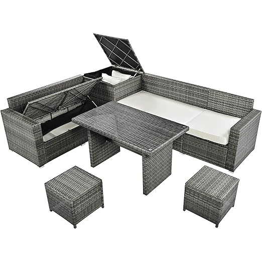 6-Piece Patio Furniture Set, L-Shaped Outdoor PE Wicker Rattan Sectional ConversationSet with Adjustable Seat, Storage Box, Removable Covers and Tempered Glass Top Table, for Backyard - LeafyLoom