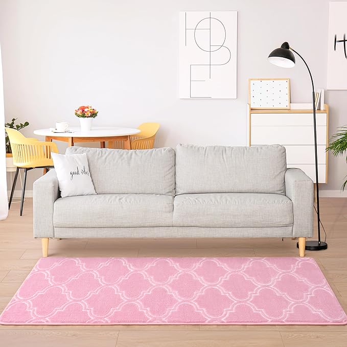 Chicrug Shag Geometric Modern Runner Rug for Bedroom, 2x6 Feet Memory Foam Indoor Hallway Runner Carpet, Fluffy Rug for Living Room Bedside Room Decor for Family, Pink/White - LeafyLoom