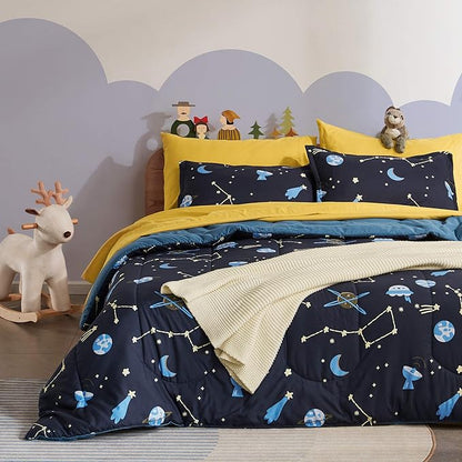 SLEEP ZONE Kids Twin Bedding Comforter Set - Super Cute & Soft Kids Bedding 5 Pieces Set with Comforter, Sheet, Pillowcase & Sham (Navy Galaxy) - LeafyLoom