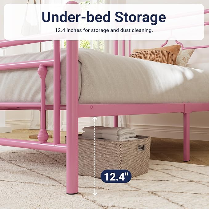 Allewie Twin Size Metal Platform Bed Frame with Victorian Vintage Headboard and Footboard/Mattress Foundation/Under Bed Storage/No Box Spring Needed/Noise-Free/Easy Assembly, Pink - LeafyLoom