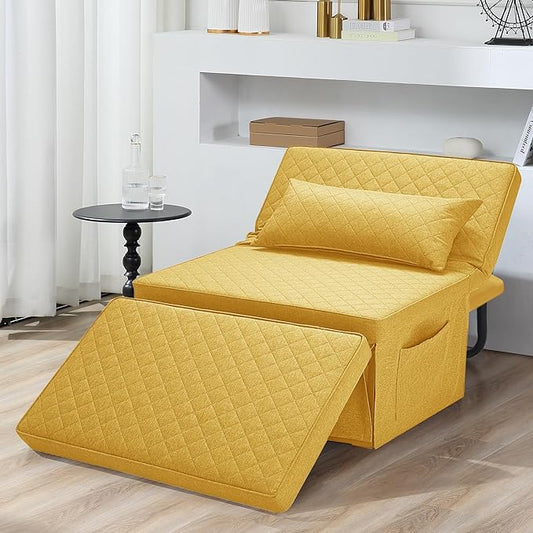 Sofa Bed, 4 in 1 Multi-Function Folding Ottoman Breathable Linen Couch Bed with Adjustable Backrest Modern Convertible Chair for Living Room Apartment Office,Squared-Linen Yellow - LeafyLoom