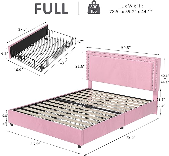 VECELO Full Size Upholstered Platform Bed Frame with 4 Storage Drawers, Adjustable Velvet Rivets Headboard, Wooden Slats Support, No Box Spring Needed, Easy Assembly - LeafyLoom