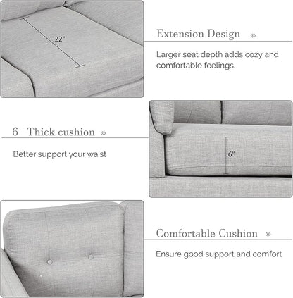 Modern Linen Fabric Sofa with Chaise Lounge, L-Shape Couch with one Lumbar Pad, Comfy Button Tufted Backrest, 4 Seat Corner Sectional Set for Living Room Furniture Office, 97.2", Grey-L - LeafyLoom