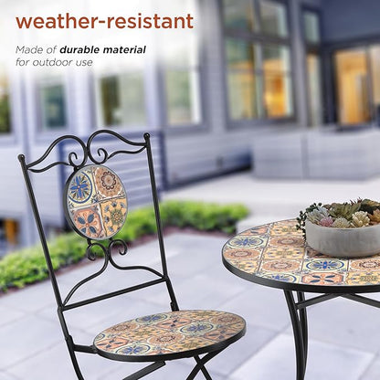 Alpine Corporation Indoor/Outdoor Mediterranean Tile Design Set Table and Chairs Patio Seating - LeafyLoom