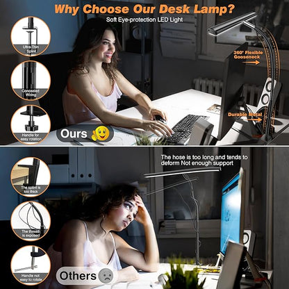 LED Desk Lamp for Office Home, Eye-Caring Desk Light with Stepless Dimming Adjustable Flexible Gooseneck, 10W USB Adapter Desk Lamp with Clamp for Reading, Study, Workbench (Black) - LeafyLoom