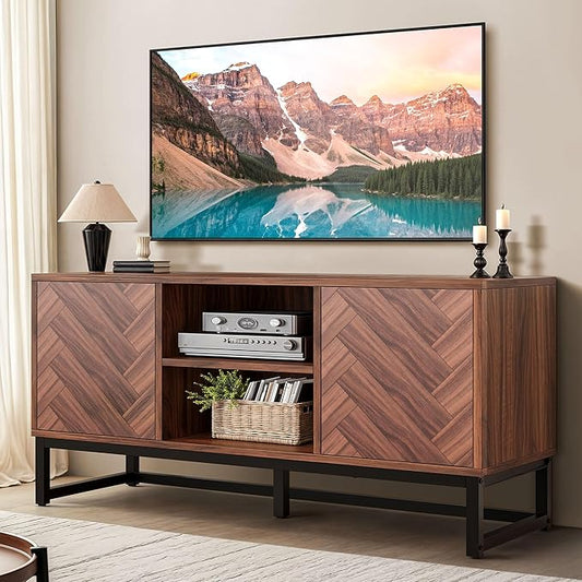 YITAHOME TV Cabinet for 55 Inch TV, Mid Century Modern TV Stand with Storage Cabinet & Adjustable Shelf, Entertainment Cabinet Media TV Console with Natural Oak Finish for Living Room, Walnut - LeafyLoom