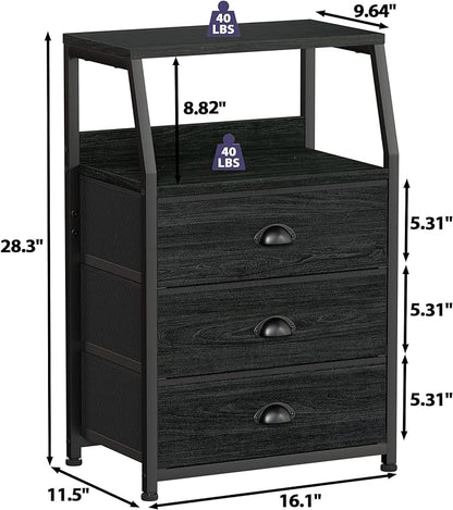 Furnulem Black Dresser for Bedroom, Small Nightstand with 3 Fabric Storage Drawers and 2-Tier Shelf, End Table Side Furniture for Closet, Hallway, Nursery, Sturdy Steel Frame, Wood Top (Black Oak) - LeafyLoom