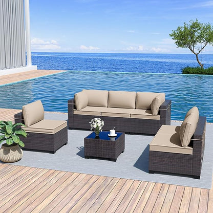 Patio Furniture Set 7-Pieces Outdoor Furniture for Backyard Wicker Sectional Sofa Set, Rattan Patio Conversation Set with Thickened Cushions and Glass Coffee Table, Sand - LeafyLoom