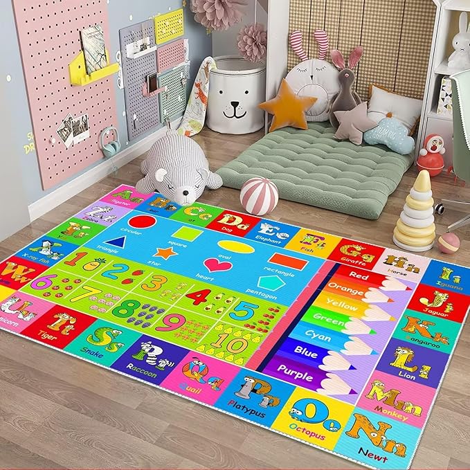 Kids Alphabet Play Game Rug - 6'x9' ABC Numbers and Shapes Educational Learning Toddler Carpet - Kids Room Playroom Classroom Kindergarten Activity Fun Soft Non-Slip Mat - LeafyLoom