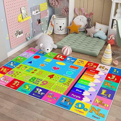 Kids Alphabet Play Game Rug - 2' 7" x 4' ABC Numbers and Shapes Educational Learning Toddler Carpet - Kids Room Playroom Classroom Kindergarten Activity Fun Soft Non-Slip Mat - LeafyLoom