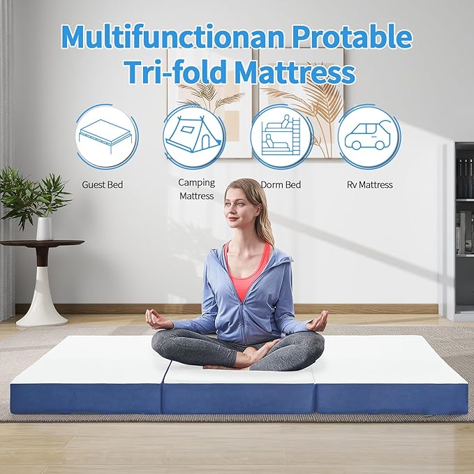 Memory Foam Single Folding Mattress Cot Mattress,4 Inch Foldable Mattress Topper with Cover, Breathable Floor Mattress Guest Bed for Travel/RV/Camping/Guest Room/Yoga (25"×75"×4") - LeafyLoom