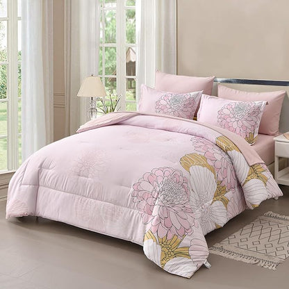 Yiran Bed in a Bag 7 Pieces Pink Colorful Floral Comforter Set Queen Size Soft Microfiber Bedding Set with Comforter,Sheets, Pillowcases & Shams 90"×90" - LeafyLoom