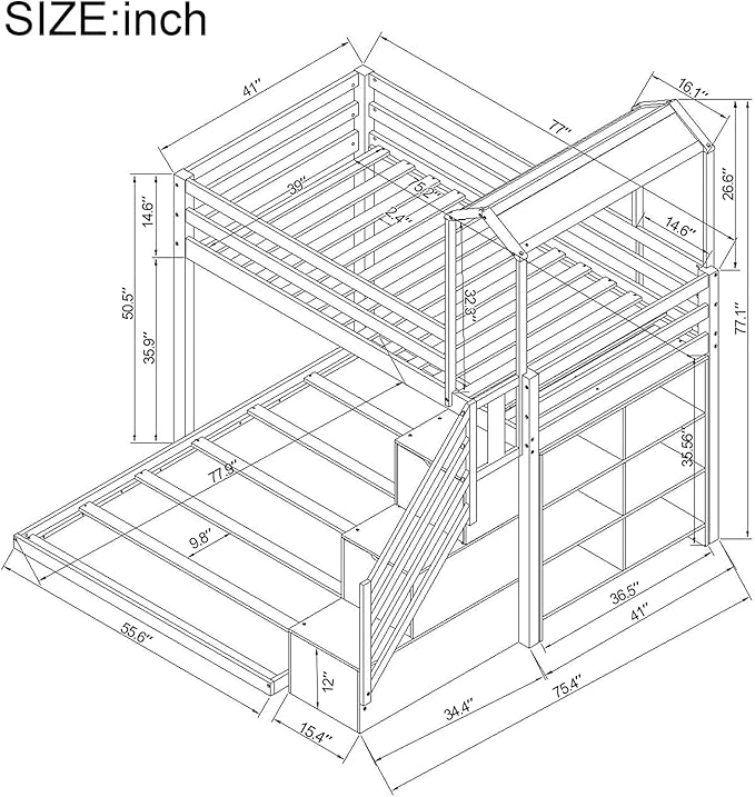 Stairway Twin over Full House Bunk Bed with Storage Shelves & Roof Design,Wooden Bunkbeds wtih Safety Guardrails for Kids/Teen/Adults Bedroom,Space Saving, White - LeafyLoom