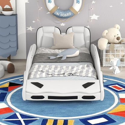 Twin Size Boys Car Bed,Race Car-Shaped Platform Wooden Bedframe with Wheels & Both Sides,Slat Support,Toy Furniture for Kids Toddlers Child's Bedroom,White - LeafyLoom