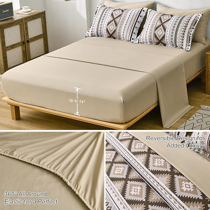 Dinjoy Khaki Aztec Comforter Set Queen Size,7 Pieces Bed in a Bag Queen Beige Boho Bedding Sets with Sheets Bohemian Geometric Striped Complete Set for All Seasons 90"x90" - LeafyLoom