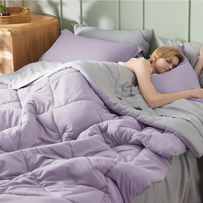 Bedsure Light Purple Twin Comforter Set - 5 Pieces Reversible Twin Bed in a Bag, Extra Long Twin Bed Set Light Purple and Grey with Comforters, Sheets, Pillowcase & Sham - LeafyLoom