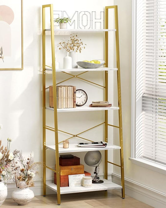 Yusong Ladder Shelf, 5-Tier Bookshelf Wood Bookcase for Living Room, Industrial Book Shelves, Tall Storage Display Rack Plant Stand for Bedoom, Home Office, Gold Metal Frame and White Marble Plank - LeafyLoom