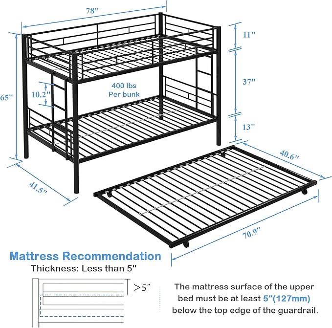 VECELO Twin Over Twin Bunk Bed with Trundle, Metal Bunkbeds with Ladder and Full-Length Guardrail, Noise Free, No Box Spring Needed, Black - LeafyLoom