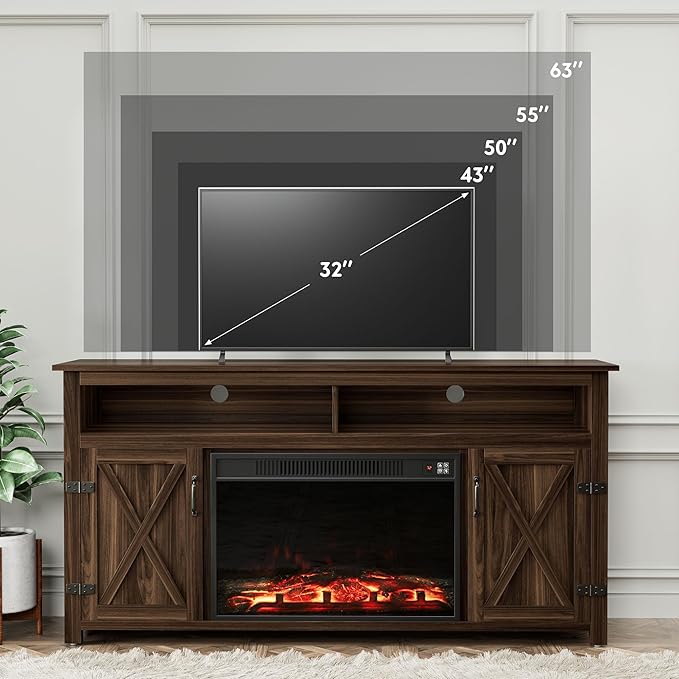 YESHOMY Fireplace TV Stand for Television up to 65+ Inch with Storage and Farmhouse Barn Doors, Entertainment Center with Cabinet and Shelves, Media Console for Living Room, Walnut - LeafyLoom