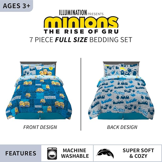 Franco Kids Bedding Super Soft Comforter and Sheet Set with Sham, 7 Piece Full Size, Minions The Rise Of Gru - LeafyLoom