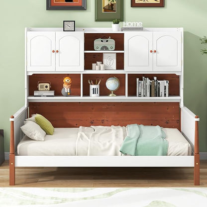 Twin Size Platform Bed with Multiple Storage, No Box Spring Required,Easy to Assemble,Wood Bed Frame for Bedroom/Apartment/Guest-Room,White+Walnut - LeafyLoom