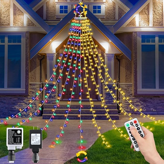 PUHONG Christmas Decorations, 320 LED Outdoor String Lights, Snowflakes Hanging Christmas Tree Topper Lights with 11 Modes for Holiday, Wedding, Party, Yard Decor (Warm White&Multicolored) PUHONG