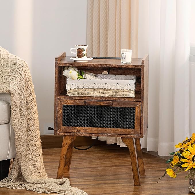 Lerliuo Rattan Nightstands Set of 2 with Charging Station, Boho Side Table with Drawer Open Shelf, Cane Accent Bedside End Table with Solid Wood Legs for Bedroom, Dorm and Small Spaces (Brown) - LeafyLoom