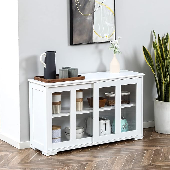 HOMCOM Sideboard Buffet Cabinet, Stackable Credenza, Coffee Bar Cabinet with Sliding Glass Door and Adjustable Shelf, White - LeafyLoom