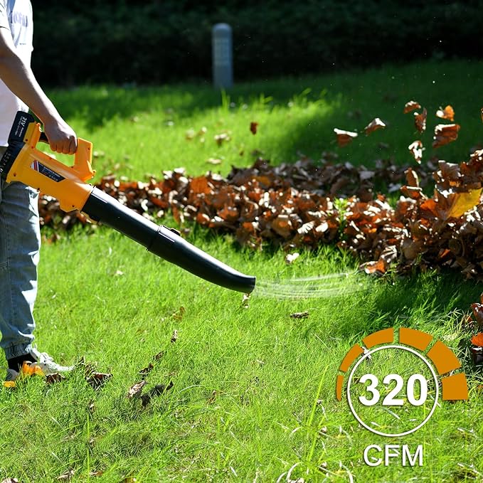 Cordless Leaf Blower - 320CFM 208MPH 21V Electric Handheld Leaf Blower with 5.2Ah Battery and Charger, 6 Variable Speed Leaf Sweeper for Leaves, Snow Debris, Dust, Yard Cleaning (Yellow) - LeafyLoom