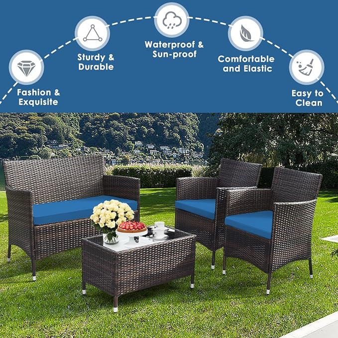 Goplus 4-Piece Rattan Patio Set, Outdoor/Indoor Wicker Conversation Set for Pool, Backyard, Lawn, Wicker Chairs and Sofa with Soft Cushion, Rattan Furniture with Tempered Glass Coffee Table - LeafyLoom