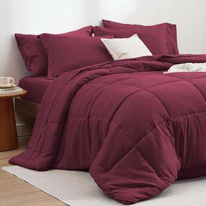 Bedsure Burgundy Twin Comforter Set - 5 Pieces Solid Twin Bed in a Bag, Twin Bed Set Burgundy with Comforters, Sheets, Pillowcase & Sham - LeafyLoom