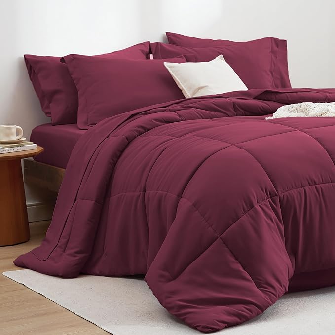 Bedsure Burgundy Queen Comforter Set - 7 Pieces Solid Queen Bed in a Bag, Queen Bed Set Burgundy with Comforters, Sheets, Pillowcases & Shams - LeafyLoom