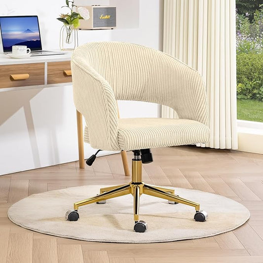 Home Office Chair, Corduroy Swivel Desk Chairs, Modern Computer Chair with Wheels and Gold Base, Comfy Arm Chair for Bedroom, Living Room, Study, Vanity Room, Light Yellow - LeafyLoom