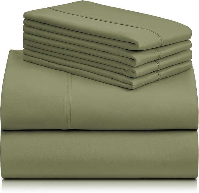 LuxClub 6 PC Queen Sheet Set, Breathable Luxury Bed Sheets, Deep Pockets 18" Eco Friendly Wrinkle Free Cooling Sheets Machine Washable Hotel Bedding Silky Soft - Olive Queen - LeafyLoom