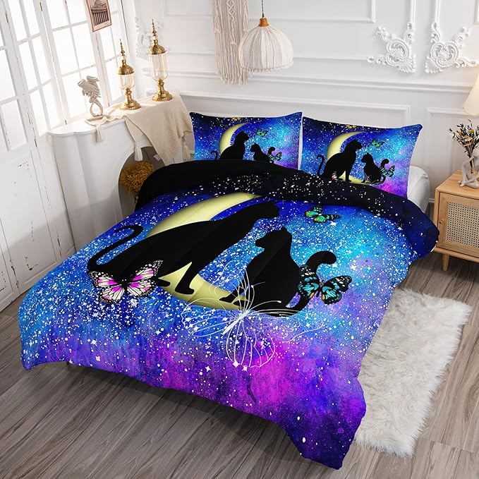 Black Cat Bedding Cartoon Cat Comforter Set Queen,Butterflies Moon Printed Kids Bedding Set for Kids Boys Girls Adults Teens,Kids Comforter Set All Season,1 Quilt 2 Pillow Cases,Blue - LeafyLoom