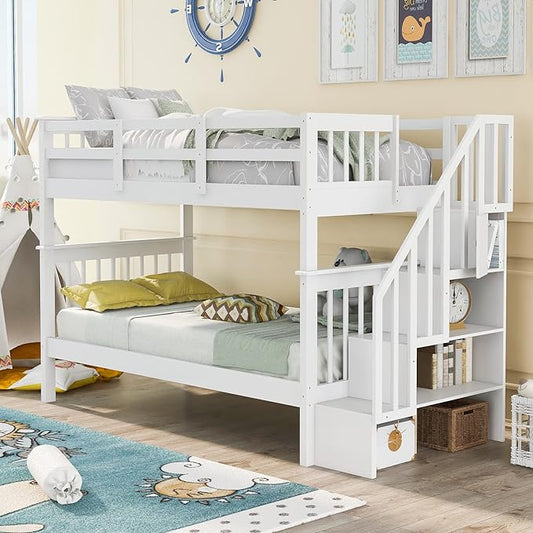 Twin Over Twin Bunk Bed with Storage Stairs, Detachable into Two Platform Bedframe, Wooden Bunkbeds with Staircase, Bedroom Furniture for Kids Teens Adults, White - LeafyLoom