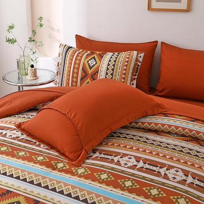 Dinjoy Queen Size Comforter Set Boho,Burn Orange Bed in a Bag Queen Striped Bedding Sets Terracotta Western Comforters with Sheets 7 Pieces Complete Set Aztec for All Seasons 90"x90" - LeafyLoom