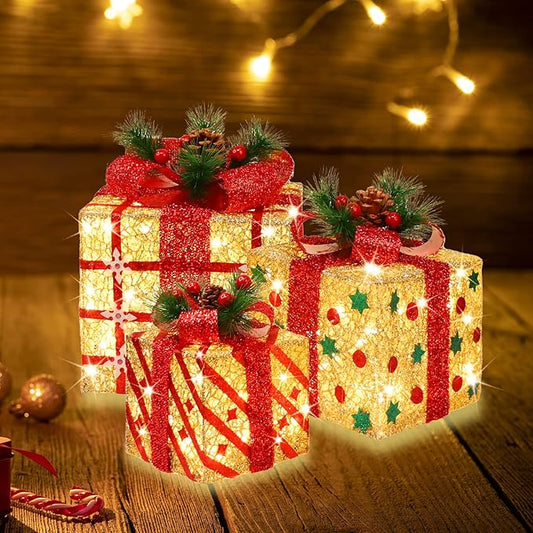 [Large 9.5"x8"x6.5" Christmas Set of 3 Lighted Gift Boxes Decorations Pre-lit 70 Super-Bright LED with Flashers,for Indoor Outdoor Christmas Tree Skirt Ornament Pathway Holiday Party Home GLOWNOVA